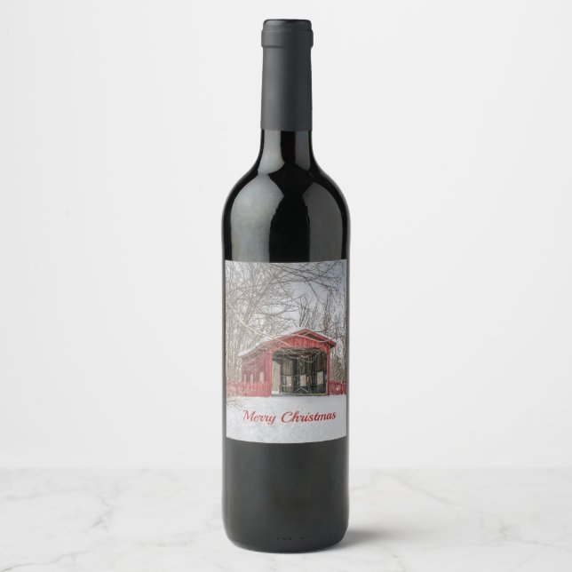 Étiquette Pour Bouteilles De Vin Pont couvert Neige rouge Photo Noël (Devant)