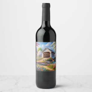 Étiquette Pour Bouteilles De Vin Pont fleuri/ressort coloré et rivière
