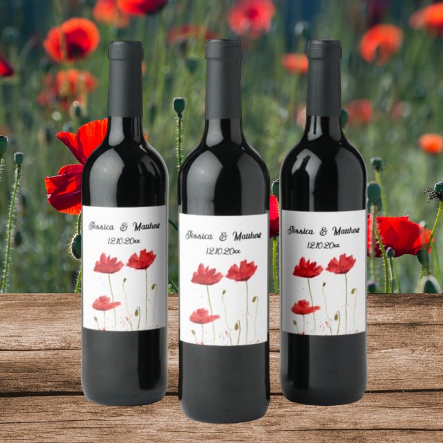 Étiquette Pour Bouteilles De Vin Poppies Pavot Rouge floral Aquarelle Mariages (Créateur téléchargé)