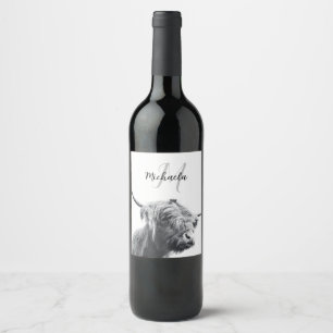 Étiquette Pour Bouteilles De Vin Portrait de vache Highland premier monogramme noir