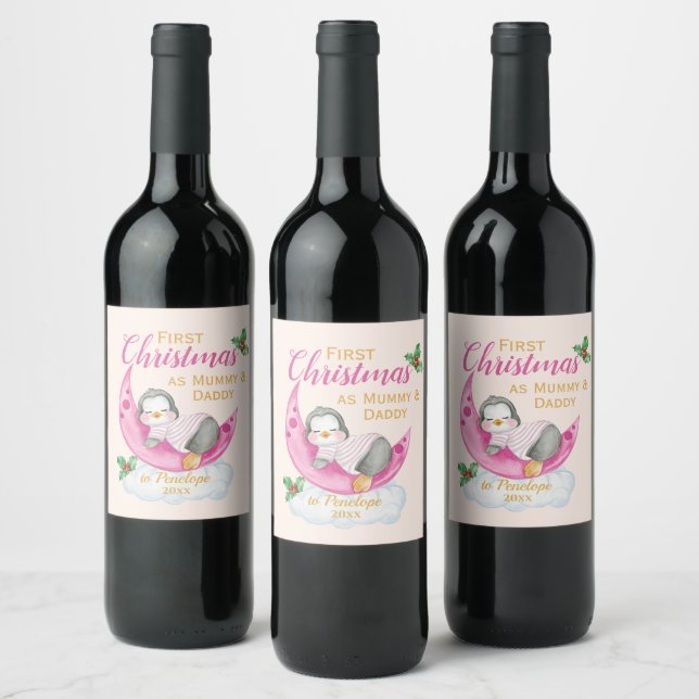 Étiquette Pour Bouteilles De Vin Premier Noël mignon comme maman et papa Pink Pengu (Bouteilles)