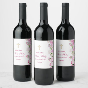 Étiquette Pour Bouteilles De Vin Première communion à l'hydrangea rose