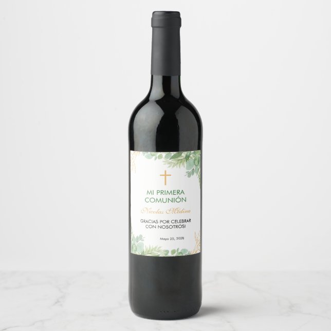 Étiquette Pour Bouteilles De Vin Première communion Feuille verte Primera Comunion (Devant)