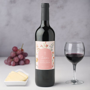 Étiquette Pour Bouteilles De Vin Première communion fille Arche rose Fleurs sauvage