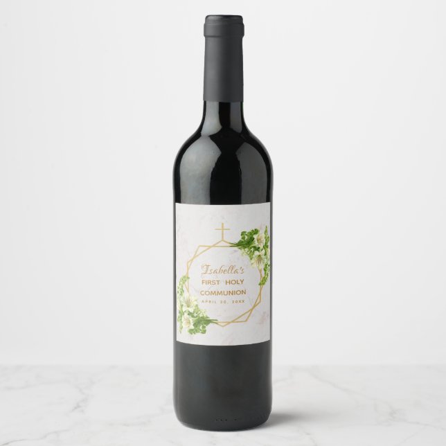 Étiquette Pour Bouteilles De Vin Première Communion Florale Lys Marbre d'or (Devant)