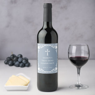 Étiquette Pour Bouteilles De Vin Première communion garçon cadre blanc bleu poussié