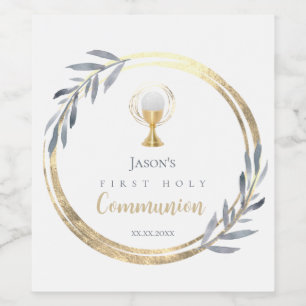 Étiquette Pour Bouteilles De Vin Première Sainte communion bleu poussiéreux faux fe