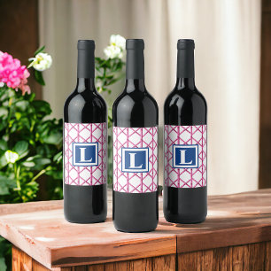Étiquette Pour Bouteilles De Vin Preppy Rose Navy Trellis Bambou Motif Monogramme