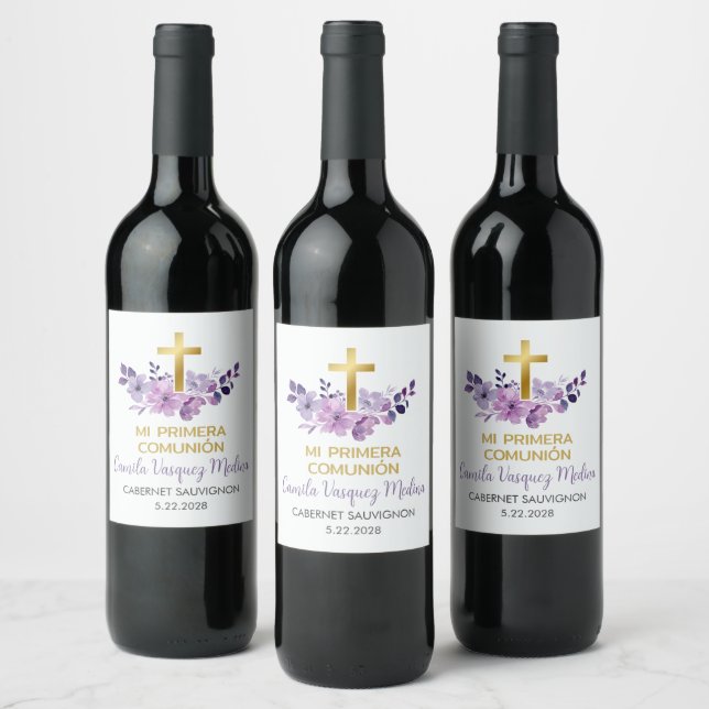 Étiquette Pour Bouteilles De Vin Primera Comunion Fleurs pourpres Première Communio (Bouteilles)