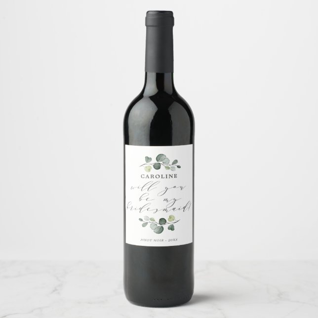 Étiquette Pour Bouteilles De Vin Proposition Élégante d'Eucalyptus Green Bridesmaid (Devant)