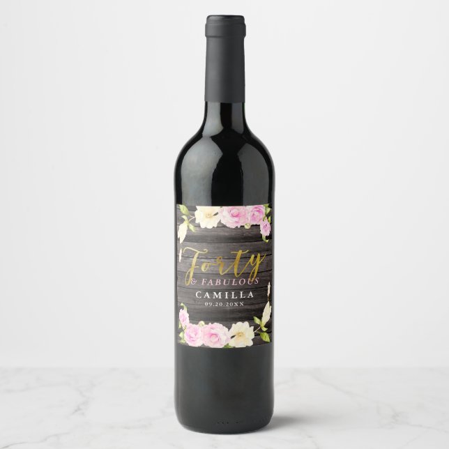 Étiquette Pour Bouteilles De Vin Quarante et fabuleux Fleur Elegant Anniversaire (Devant)
