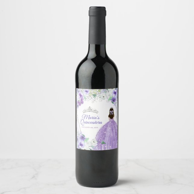Étiquette Pour Bouteilles De Vin Quinceañera Argent & Bouteille de vin pourpre (Devant)