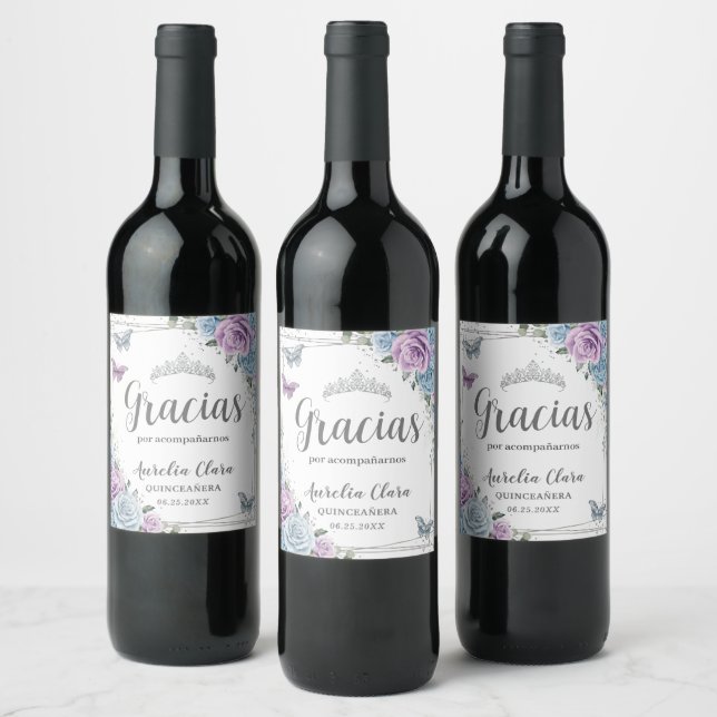 Étiquette Pour Bouteilles De Vin Quinceañera Baby Blue Lilac Papillons floraux (Bouteilles)