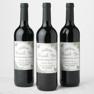 Étiquette Pour Bouteilles De Vin Quinceañera Sage Green Floral Papillons en argent