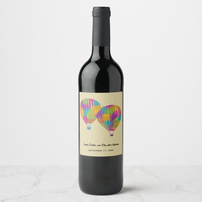 Étiquette Pour Bouteilles De Vin Rainbow Peint Hot Air Balloons Mariage personnalis (Devant)