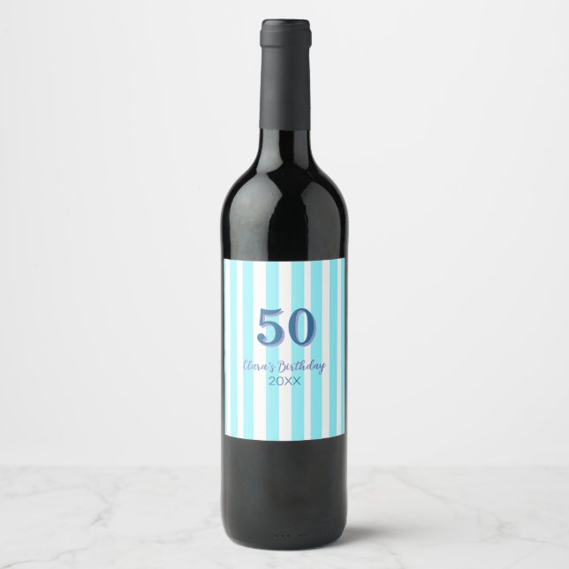 Étiquette Pour Bouteilles De Vin rayures bleu ciel 50e anniversaire nom date simple (Devant)