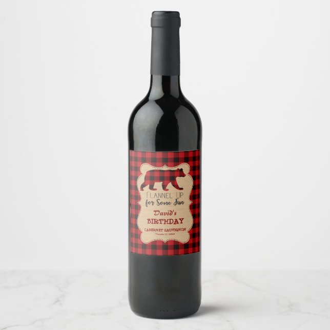 Étiquette Pour Bouteilles De Vin Red Buffalo Lumberjack fête d'anniversaire (Devant)