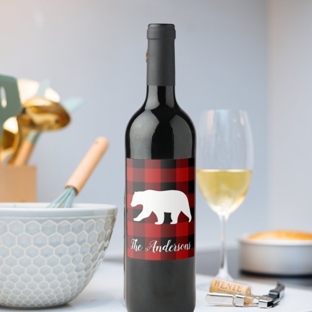 Étiquette Pour Bouteilles De Vin Red Buffalo Plaid & Bear | Nom personnel Cadeau (Créateur téléchargé)