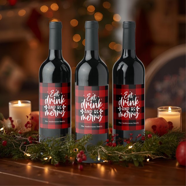 Étiquette Pour Bouteilles De Vin Red Buffalo Plaid “Eat, Drink & Be Merry”  (Créateur téléchargé)
