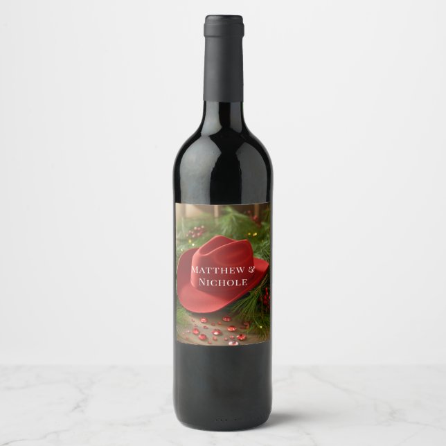 Étiquette Pour Bouteilles De Vin Red Christmas Cowboy Hat Wedding (Devant)