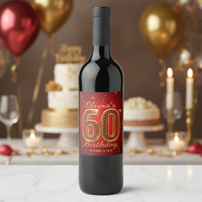 Étiquette Pour Bouteilles De Vin  Red Gold Jewels Elegant Milestone 60th Birthday (Créateur téléchargé)