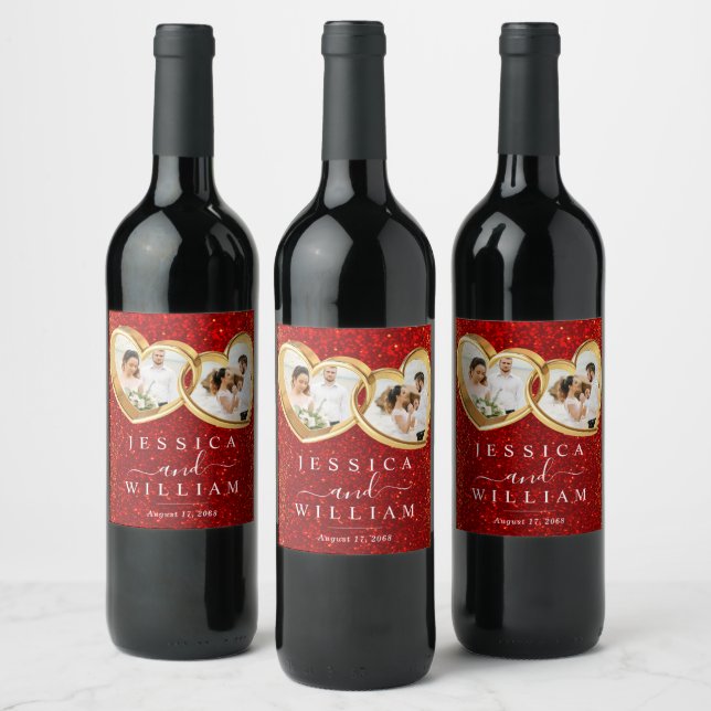 Étiquette Pour Bouteilles De Vin Red Parties scintillant Hearts Photo Custom Weddin (Bouteilles)