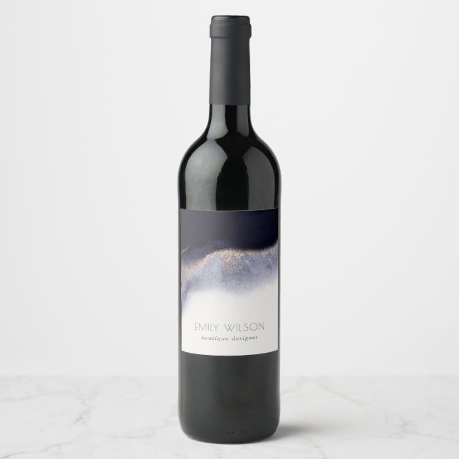 Étiquette Pour Bouteilles De Vin Résumé Navy Noir Or Feuille Watercolor Wash (Devant)