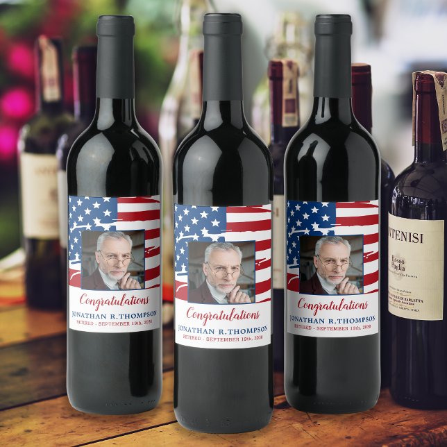 Étiquette Pour Bouteilles De Vin Retraite militaire drapeau américain photo patriot (Créateur téléchargé)
