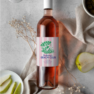Étiquette Pour Bouteilles De Vin Retro Girl Beach Club Rayures Roses Fête d'anniver
