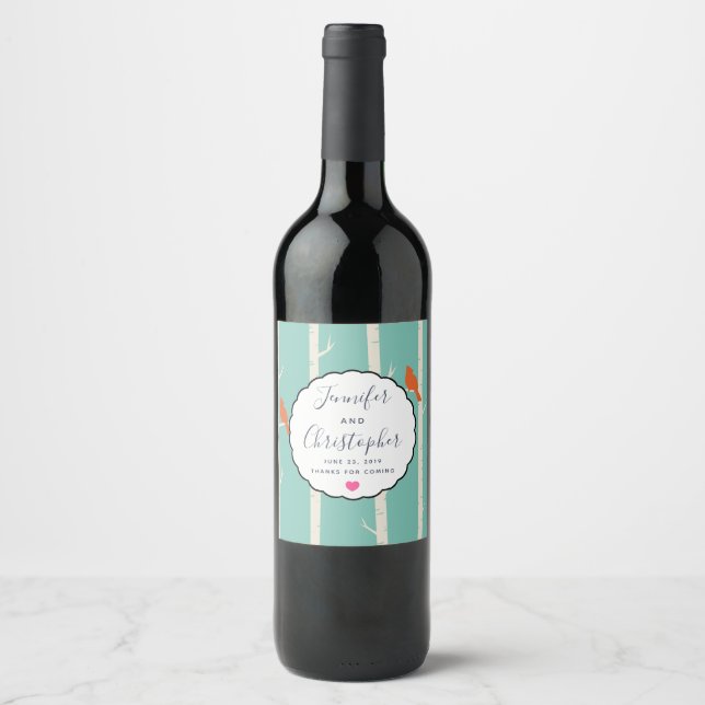 Étiquette Pour Bouteilles De Vin Rétro Orange Birch Trees Mariages Merci (Devant)