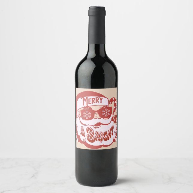 Étiquette Pour Bouteilles De Vin Retro Père Noël Merry et Bright Super (Devant)