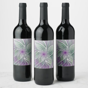 Étiquette Pour Bouteilles De Vin Rêve de fleurs, Abstrait violet vert Fractal Art