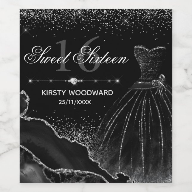 Étiquette Pour Bouteilles De Vin Robe d'aquarelle noire et Parties scintillant d'ar (Étiquettes simples)