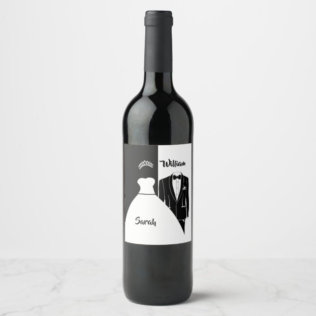Étiquette Pour Bouteilles De Vin Robe mariage tuxedo noir et blanc (Devant)