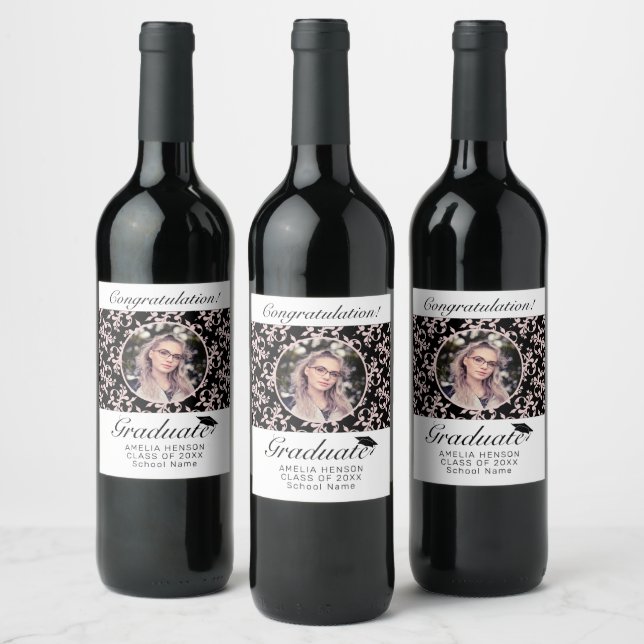 Étiquette Pour Bouteilles De Vin Rococo Pink Black Graduate Photo Graduate (Bouteilles)