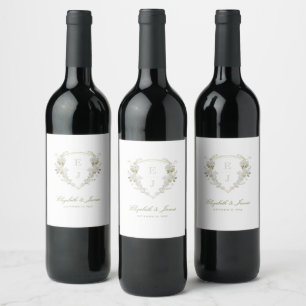 Étiquette Pour Bouteilles De Vin Romantique Vert Blanc Floral Monogram Crest Mariag