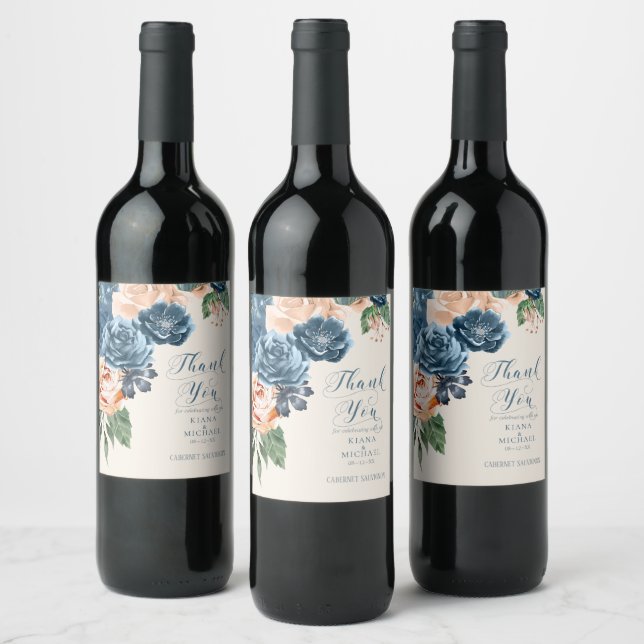 Étiquette Pour Bouteilles De Vin Rose Blue/Pêche Mariage Merci ID584 (Bouteilles)
