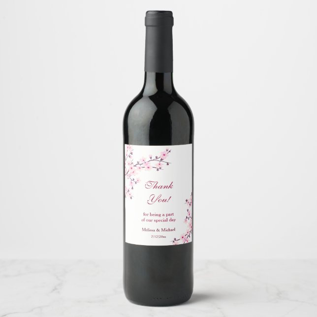 Étiquette Pour Bouteilles De Vin Rose Fleur de Cerisier Rose Blanc Remerciement Mar (Devant)