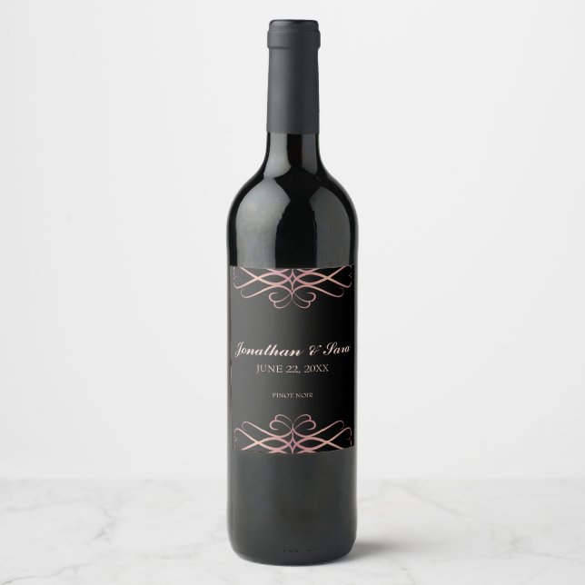 Étiquette Pour Bouteilles De Vin Rose Gold et noir, Elégant Mariage personnalisé (Devant)