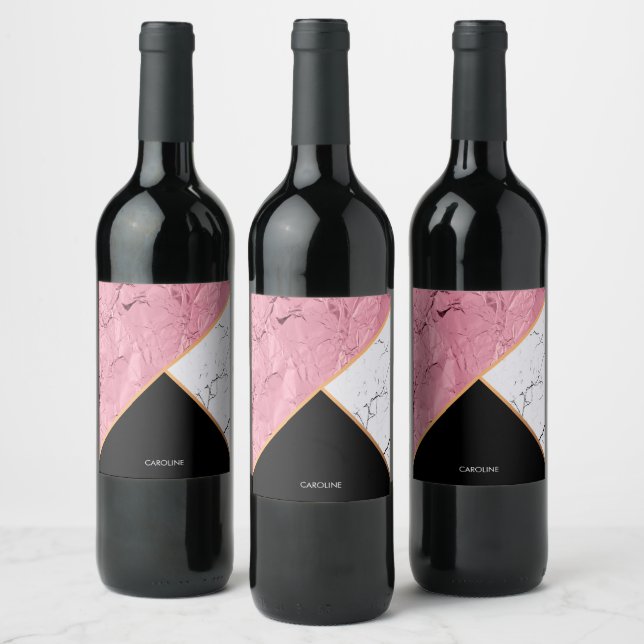 Étiquette Pour Bouteilles De Vin Rose Gold Noir et Motif Marbre blanc (Bouteilles)