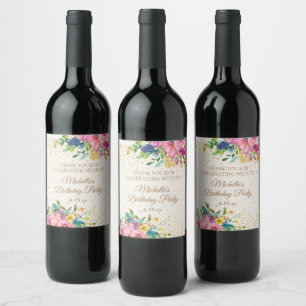 Étiquette Pour Bouteilles De Vin Rose Jaune Bleu Floral Anniversaire Nom Date
