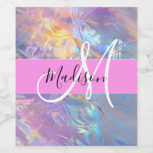 Étiquette Pour Bouteilles De Vin Rose Nom Monogramme Holographique Iridescent