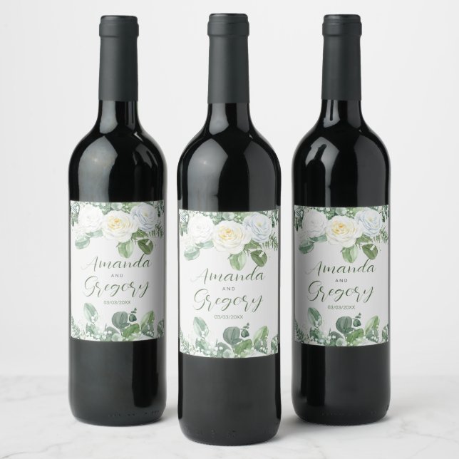 Étiquette Pour Bouteilles De Vin Roses blanches élégantes et verdure (Bouteilles)