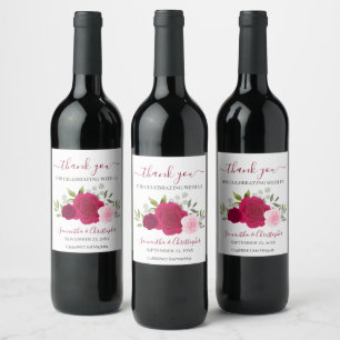 Étiquette Pour Bouteilles De Vin Roses magenta et rose Merci de mariage élégant