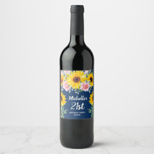 Étiquette Pour Bouteilles De Vin Roses roses jaunes tournesols bleu marine 21e anni