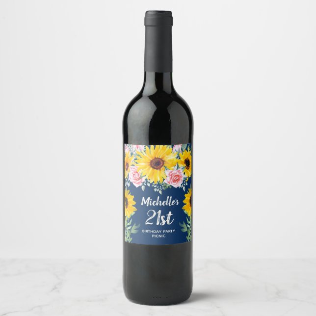 Étiquette Pour Bouteilles De Vin Roses roses Tournesols Bleu Marine 21e anniversair (Devant)
