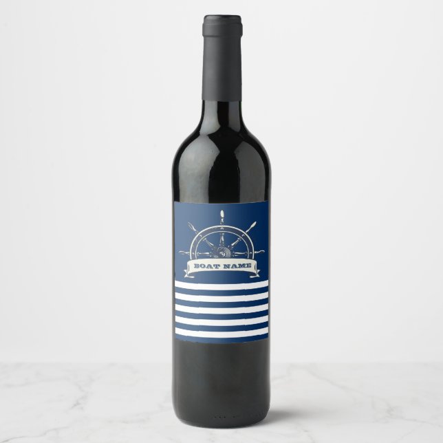 Étiquette Pour Bouteilles De Vin Roue nautique, Bleu de la Marine (Devant)