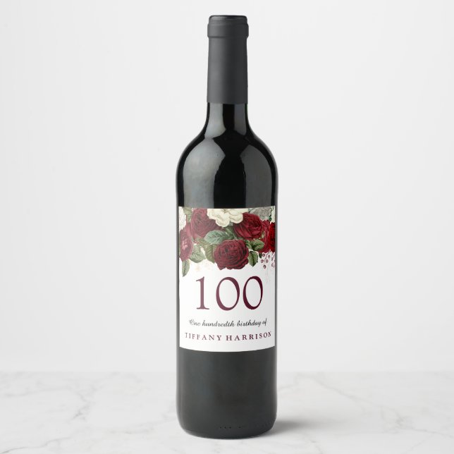 Étiquette Pour Bouteilles De Vin Rouge Bourgogne Rose blanche 100e fête d'anniversa (Devant)