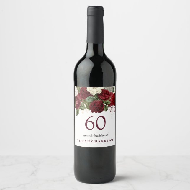 Étiquette Pour Bouteilles De Vin Rouge Bourgogne Rose blanche 60e fête d'anniversai (Devant)