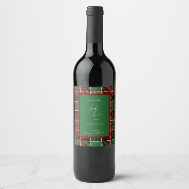 Étiquette Pour Bouteilles De Vin rouge vert noir écossais celtique tartan mariage (Devant)